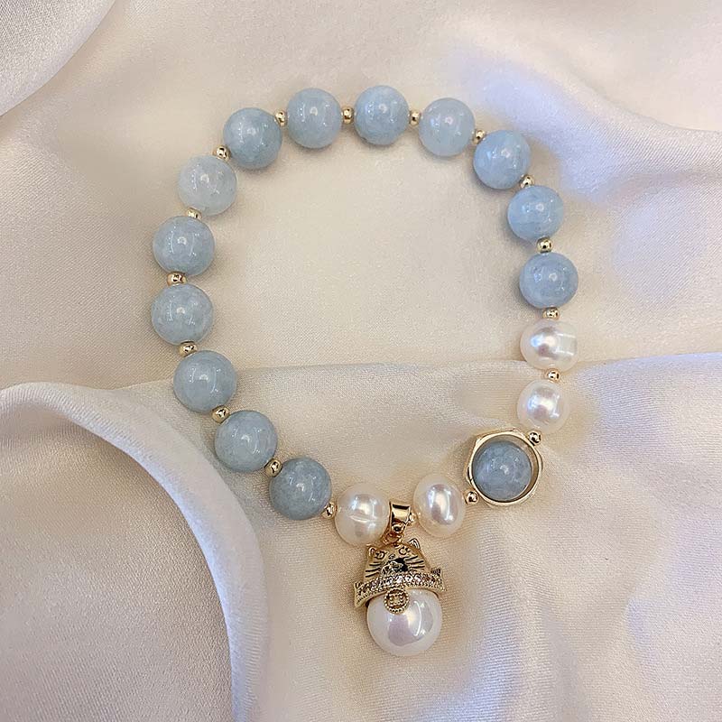 Buddha Stones Aquamarine Pearl Peace Healing Lucky Cat Charm Bracelet