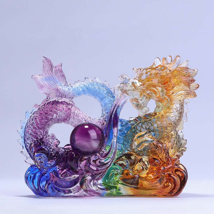 Buddha Stones Year of the Dragon Handmade Dragon Playing With Pearl Ingot Liuli Crystal Art Piece Protection Home Office Decoration