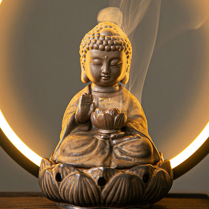 Buddha Stones Buddha Lotus Backflow Smoke Fountain Ceramic Blessing Incense Burner With Light Decoration