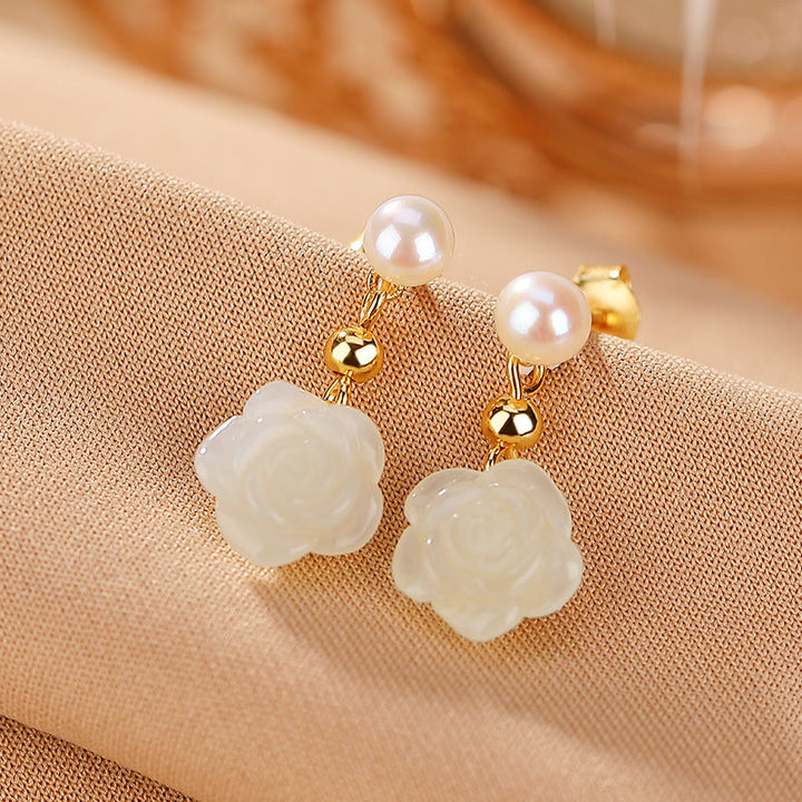 Buddha Stones 925 Sterling Silver Plated Gold Jade Rose Flower Cyan Jade Pearl Luck Earrings