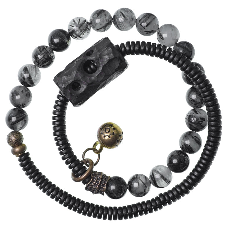 Buddha Stones Black Rutilated Quartz Ebony Wood Copper Wisdom Couple Bracelet