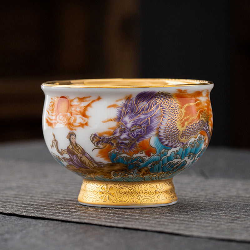 Buddha Stones Golden Eagle Auspicious Dragon Sun Ocean Waves Gilt Ceramic Teacup Kung Fu Tea Cup