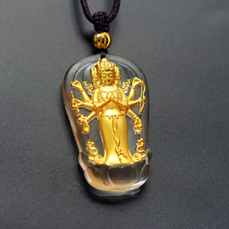 Buddha Stones Tibetan Eight-armed Avalokitesvara Guanyin Buddha Gold Plated Liuli Crystal Wealth Necklace Pendant