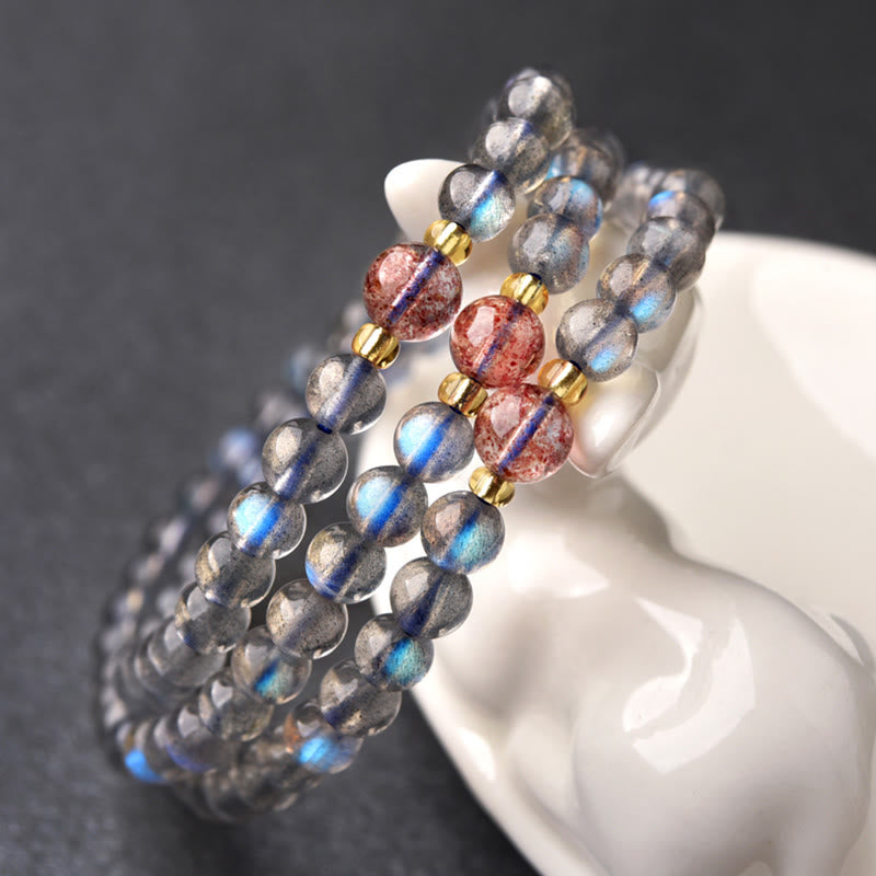 Buddha Stones Moonstone Pink Crystal Cinnabar Healing Positive Bracelet