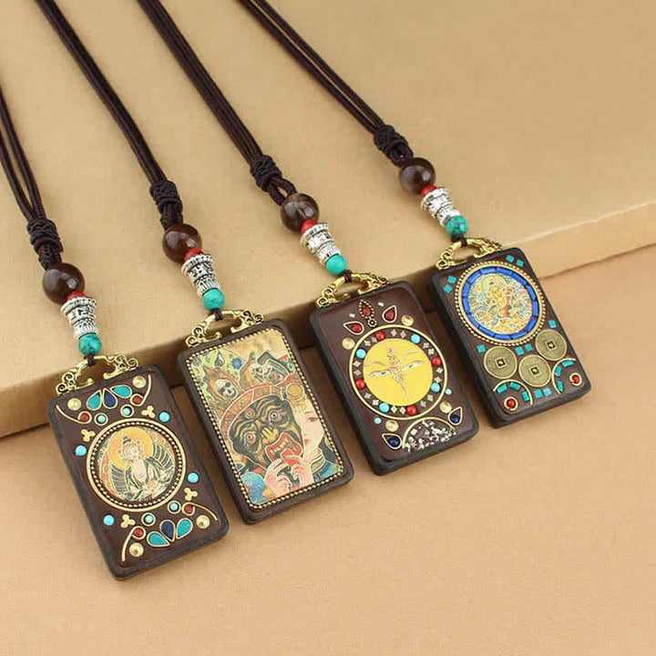 Buddha Stones Tibet God of Wealth Thangka Ebony Peace Necklace Pendant