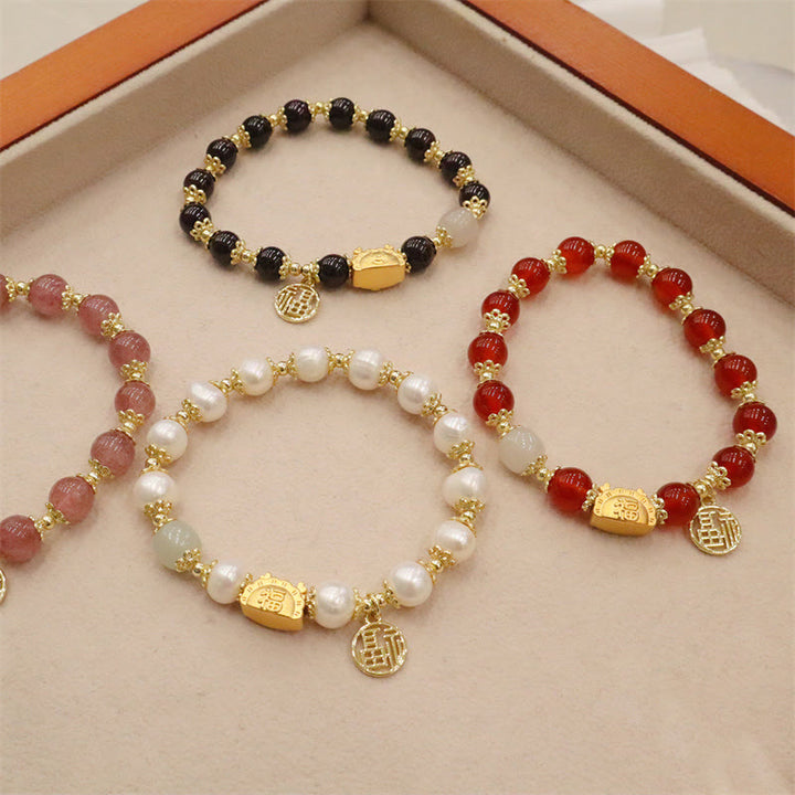 Buddha Stones Year Of The Dragon Red Agate Strawberry Quartz Black Obsidian Jade Garnet Pearl Cinnabar Dumpling Dragon Luck Fu Character Bracelet