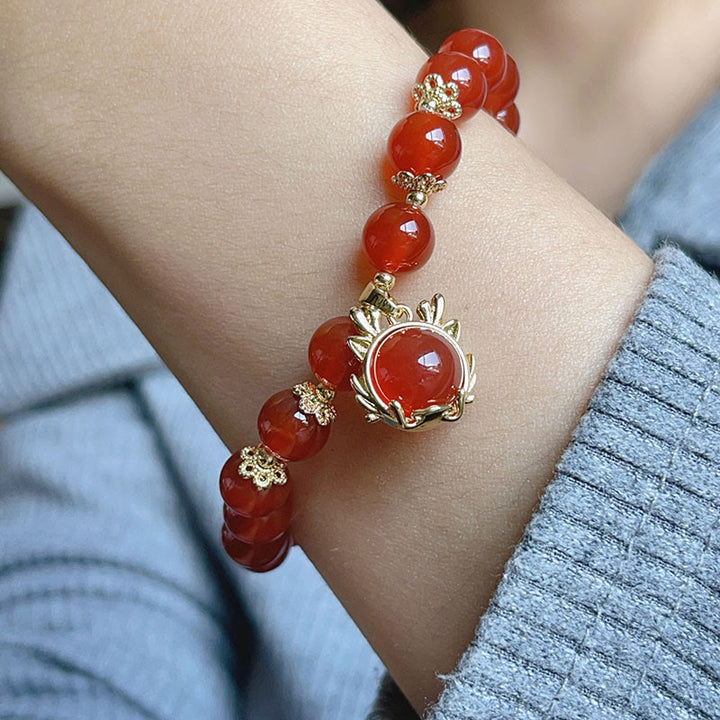 Buddha Stones Year of the Dragon Red Agate Jade Peace Buckle Fu Character Success Bracelet