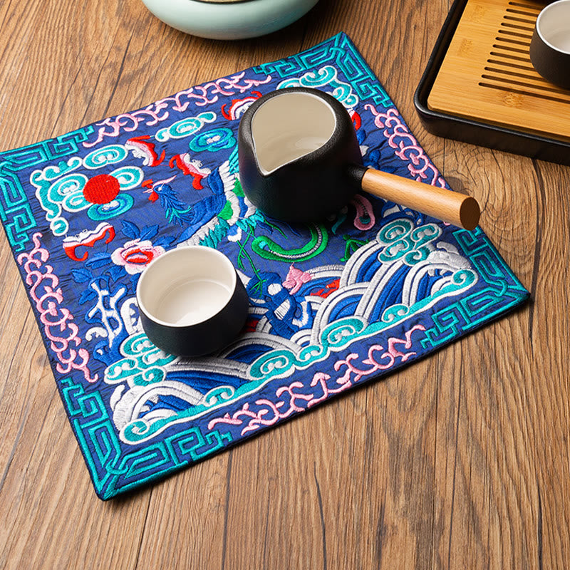 Buddha Stones Phoenix Dragon Kirin Embroidery Cup Mat Pad Tea Cup Coaster Kung Fu Tea Mat