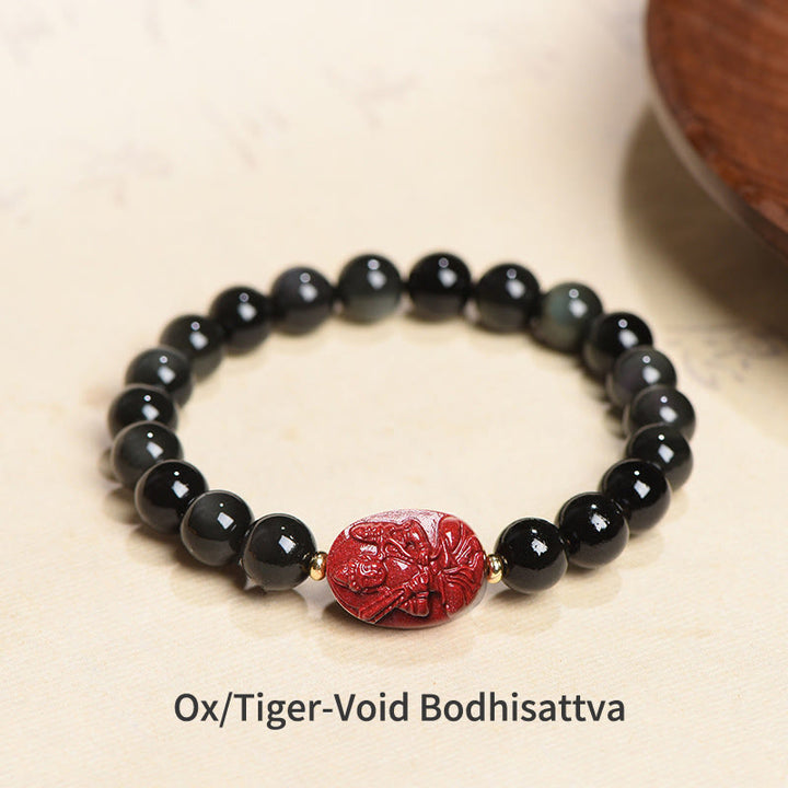 Buddha Stones Chinese Zodiac Natal Buddha Natural Black Obsidian Cinnabar Purification Bracelet