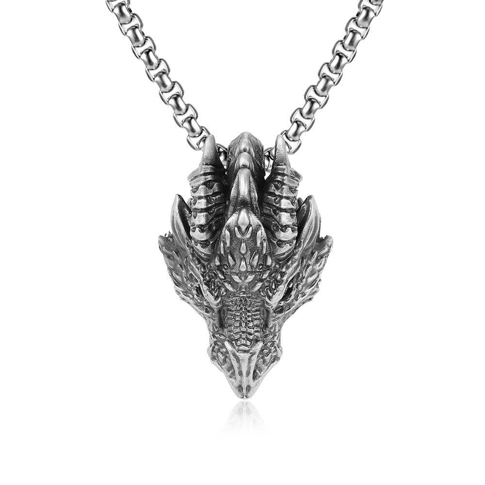 Buddha Stones Pure Tin Dragon Head Luck Protection Metal Necklace Pendant