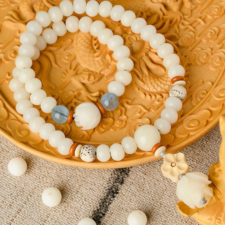 Buddha Stones Tibetan White Jade Bodhi Lotus Blessing Bracelet