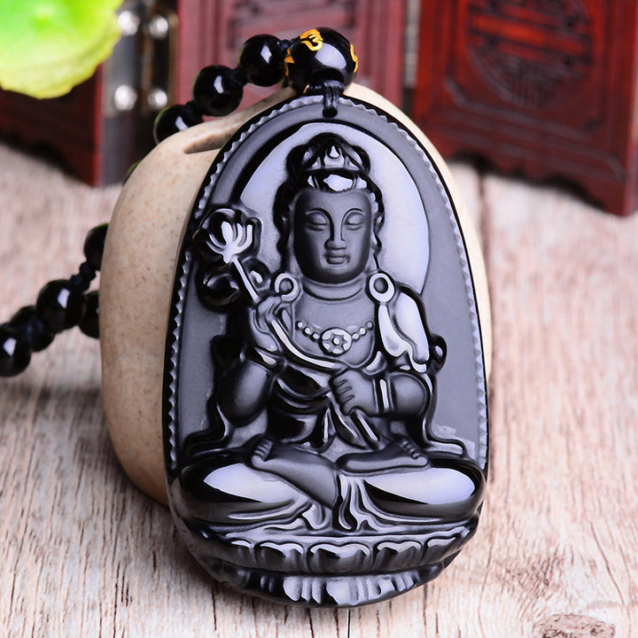 Buddha Stones Chinese Zodiac Obsidian Buddha Amulet Protection Pendant Necklace