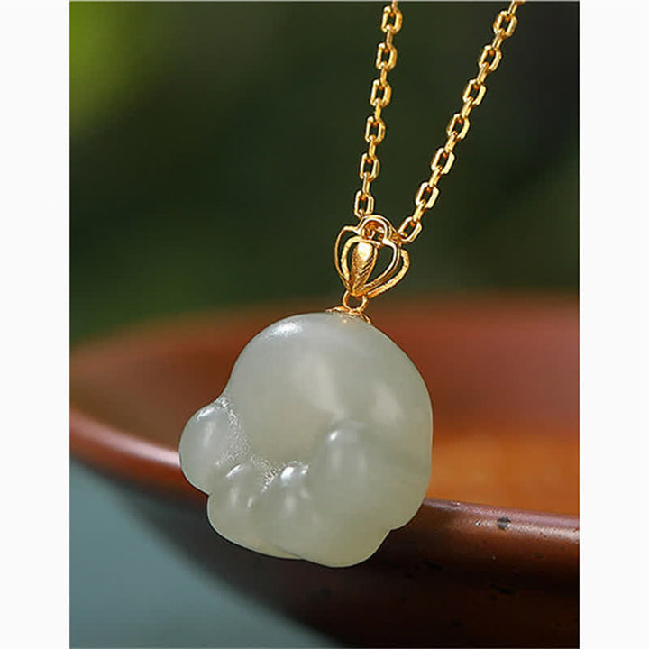 925 Sterling Silver Hetian White Jade Cute Cat Paw Luck Necklace Pendant