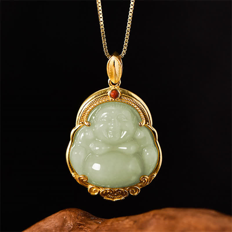 925 Sterling Silver Laughing Buddha Natural Hetian Jade Luck Prosperity Necklace Pendant