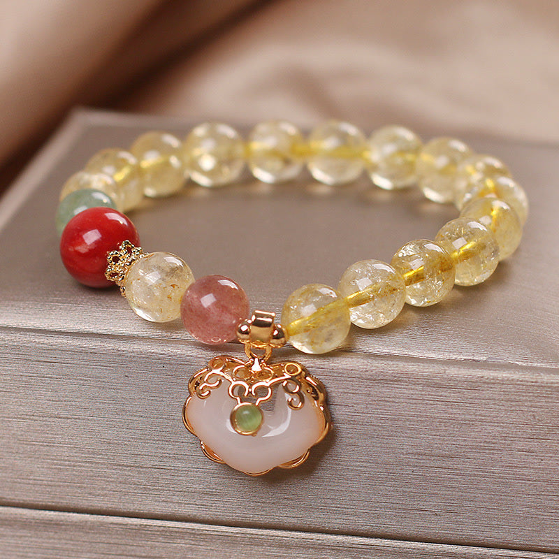 Buddha Stones Natural Citrine White Jade Strawberry Quartz Protection Charm Bracelet