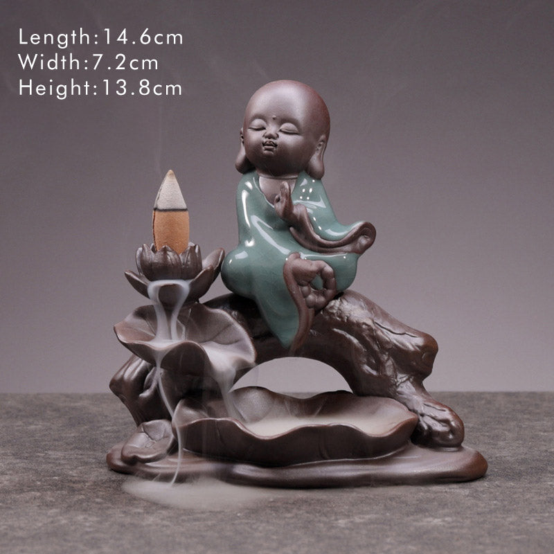 Buddha Stones Little Monk Ceramic Lotus Blessing Incense Burner Decoration