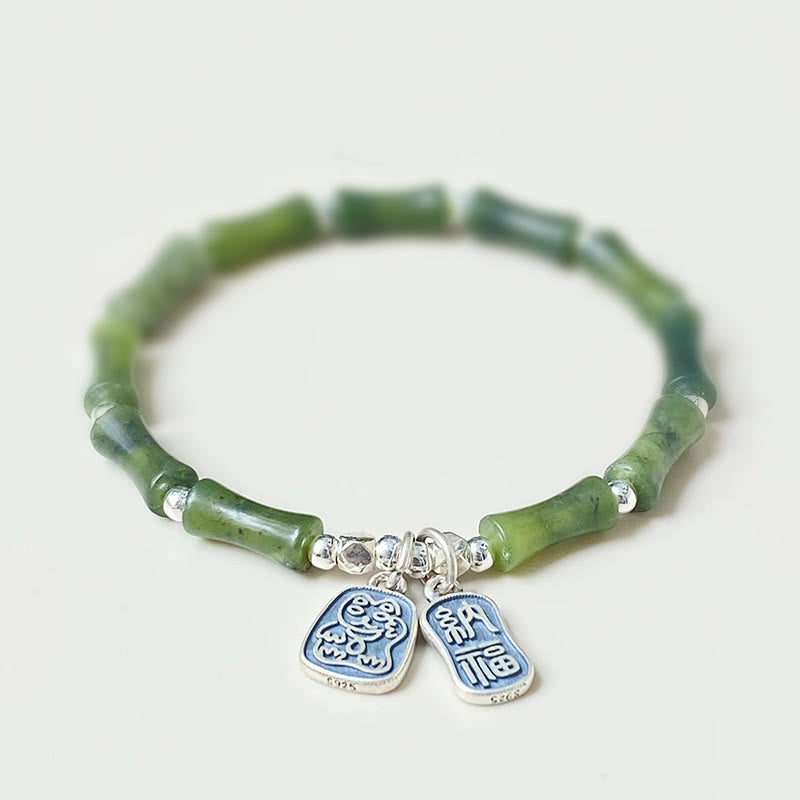 Buddha Stones 925 Sterling Silver Bamboo Jade Lucky Cat Fu Character Luck Abundance Bracelet