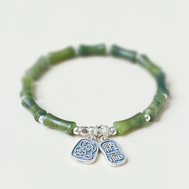 Buddha Stones 925 Sterling Silver Bamboo Jade Lucky Cat Fu Character Luck Abundance Bracelet