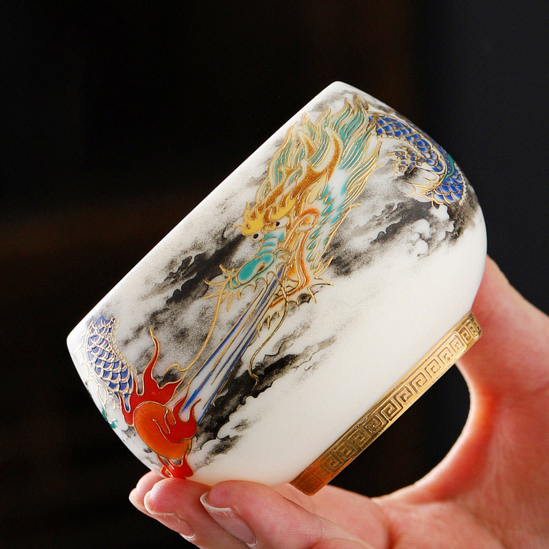 Buddha Stones Dragon Playing With Pearl Design White Porcelain Ceramic Teacup Kung Fu Tea Cup 160ml