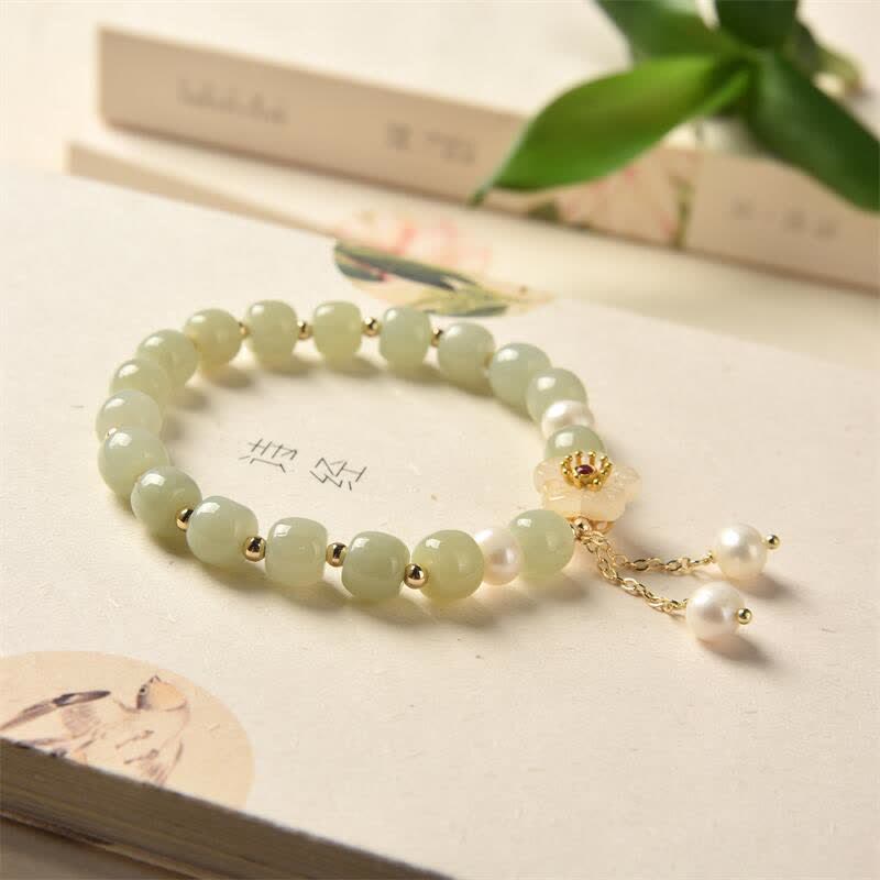 Hetian Jade Flower Pearl Happiness Abundance Bracelet