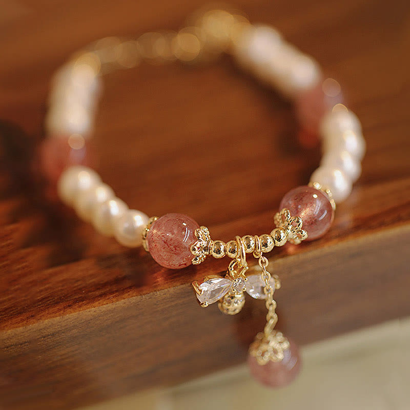 Buddha Stones Natural Pearl Strawberry Quartz Healing Cute Honey Bee Charm Bracelet