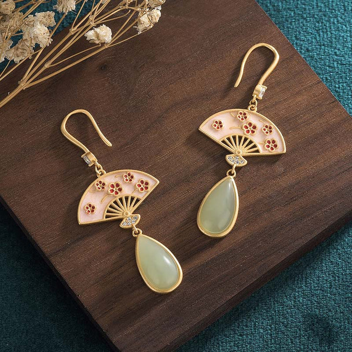 Buddha Stones Natural Green Aventurine Fan Pattern Luck Drop Earrings