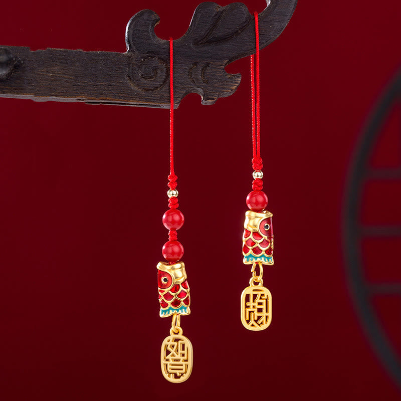 Buddha Stones Koi Fish Cinnabar Attracting Wealth Wish Ruyi Charm Luck Phone Hanging Decoration