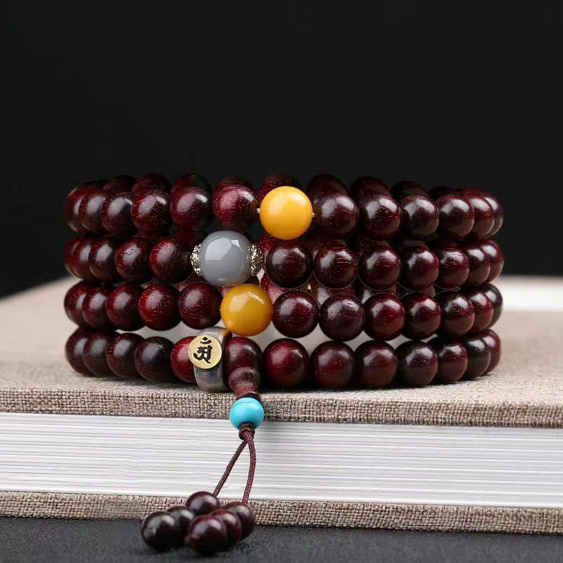 Buddha Stones 108 Mala Beads Chinese Zodiac Natal Buddha Small Leaf Red Sandalwood Gray Jade Protection Bracelet