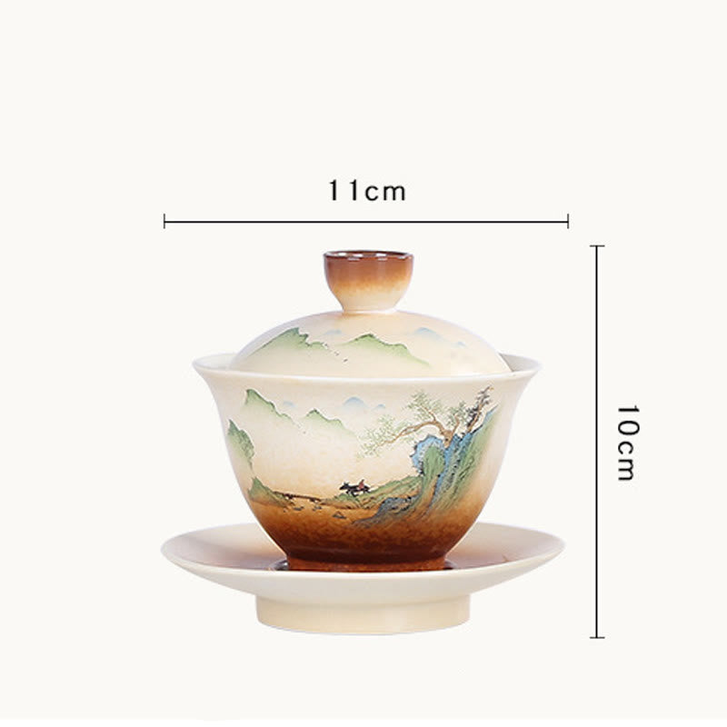 Buddha Stones Mountain Landscape Countryside Ceramic Gaiwan Sancai Teacup Kung Fu Tea Cup And Saucer With Lid