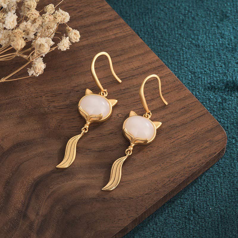 FengShui White Jade Fox Fortune Earrings