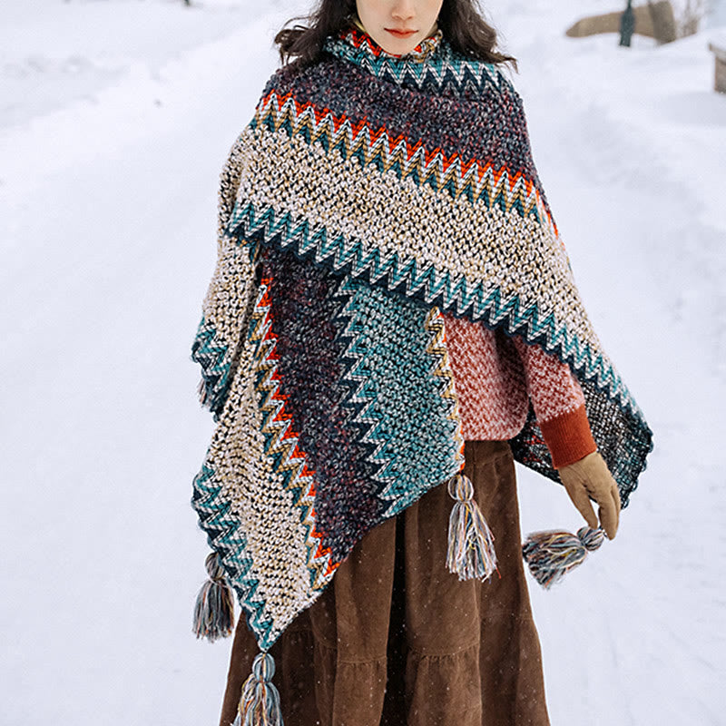 Buddha Stones Tibetan Shawl Blue Beige Red Wavy Pattern Winter Warm Tassel Scarf