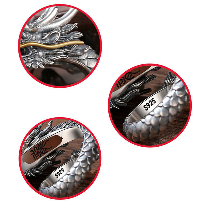 Buddha Stones 925 Sterling Silver Vintage Dragon Design Protection Strength Adjustable Ring