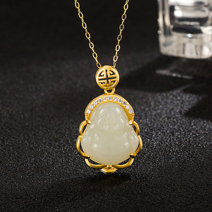 925 Sterling Silver Laughing Buddha Hetian White Jade Protection Necklace Pendant