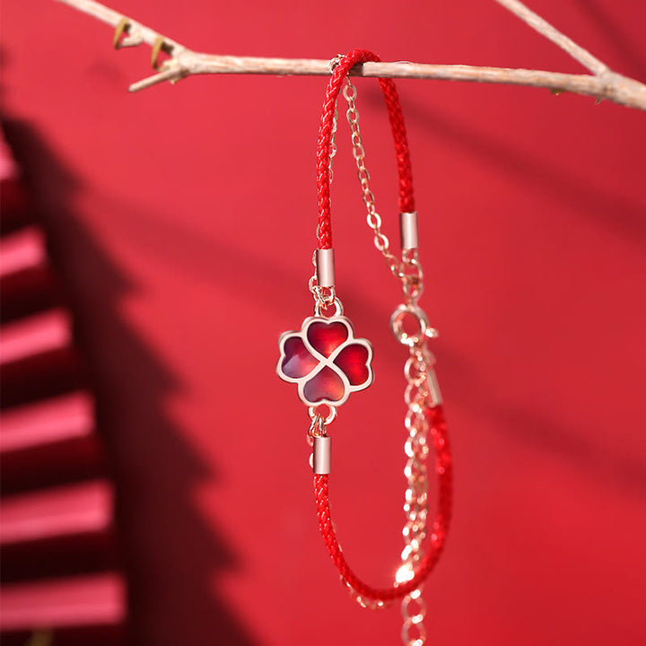 Buddha Stones 925 Sterling Silver Color-changing Four Leaf Clover Luck Protection Red String Bracelet