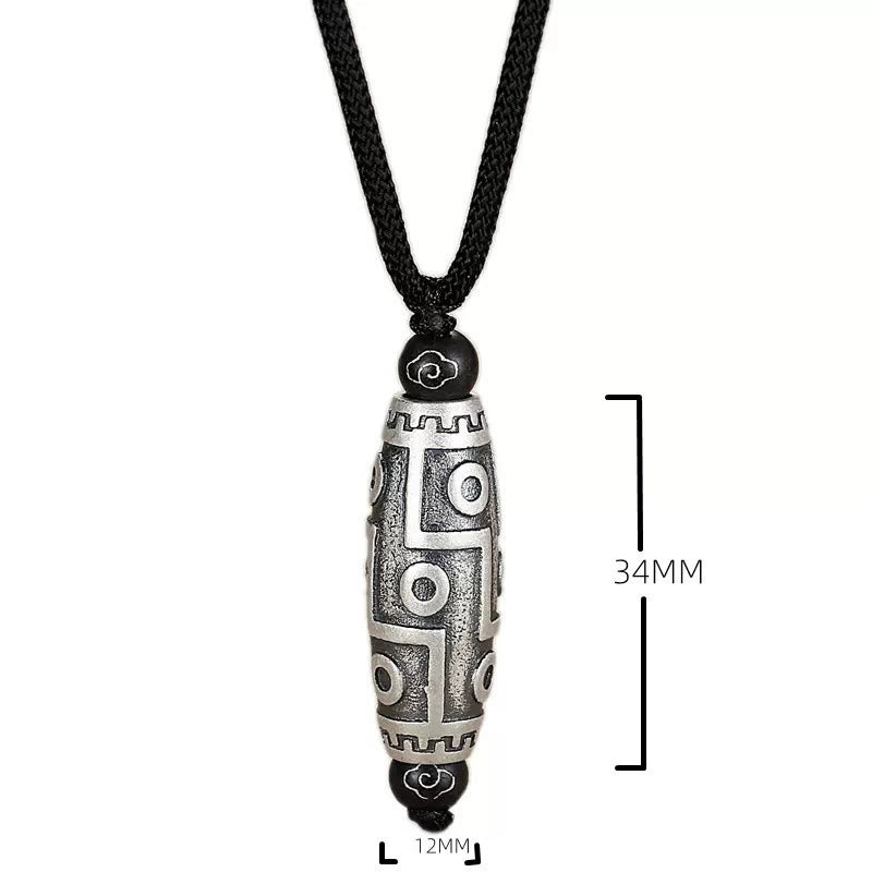 Buddha Stones Tibet Nine-Eye Dzi Bead Pattern Copper Auspicious Clouds Wealth Necklace Pendant