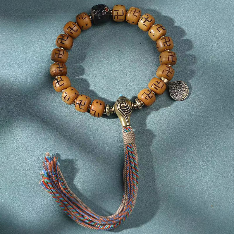 Buddha Stones Natural Tibetan Camel Bone Swastika Dzi Bead Shankha Buddha Charm Kirtimukha Luck Protection Tassel Bracelet