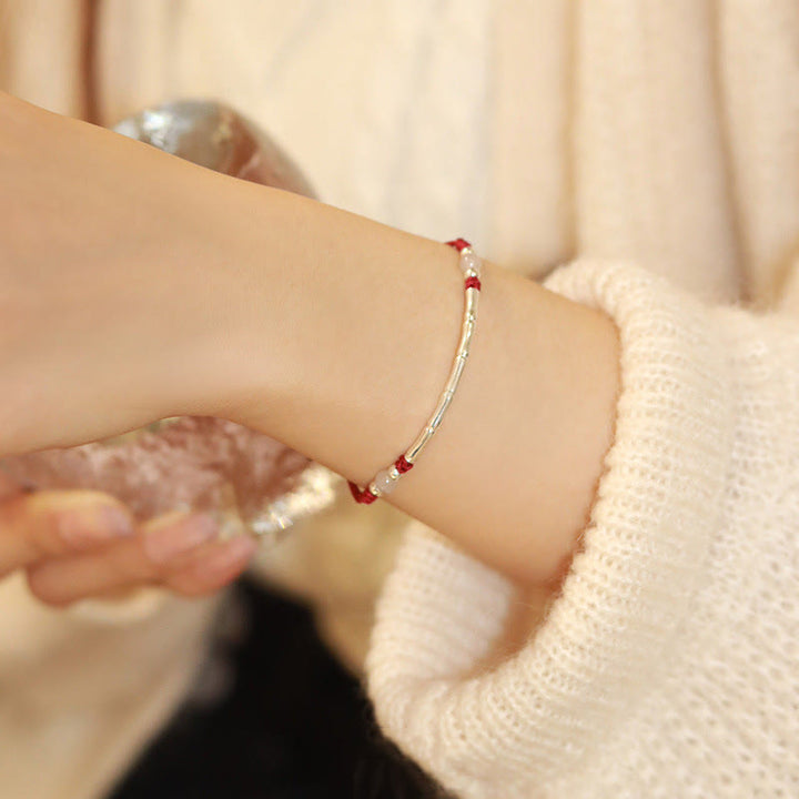 Buddha Stones 925 Sterling Silver Bamboo White Agate Red Agate Bead Protection String Braided Bracelet