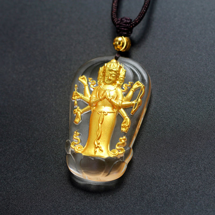 Buddha Stones Tibetan Eight-armed Avalokitesvara Guanyin Buddha Gold Plated Liuli Crystal Wealth Necklace Pendant