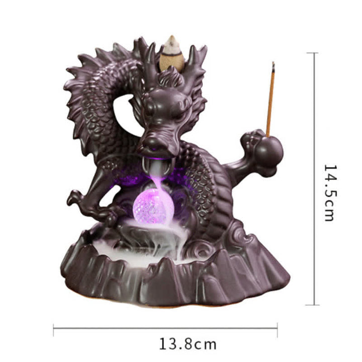 Auspicious Dragon Ceramic Backflow Smoke Fountain Meditation Healing Incense Burner Led Ball Decoration