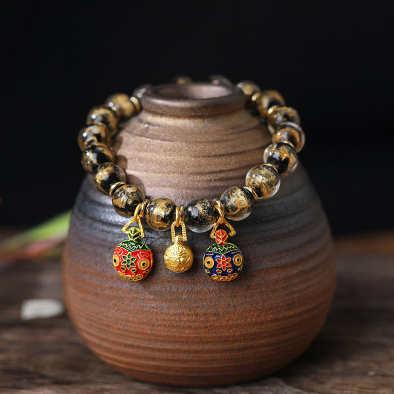 Buddha Stones Gold Swallowing Beast Family Charm Gold Silver Foil Liuli Glass Bead Blessings Bracelet