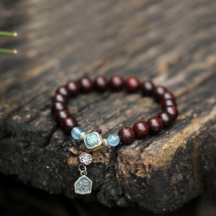 Buddha Stones 925 Sterling Silver Indian Small Leaf Red Sandalwood Aquamarine Full of Gold Star Chinese Knotting Blessing Bracelet