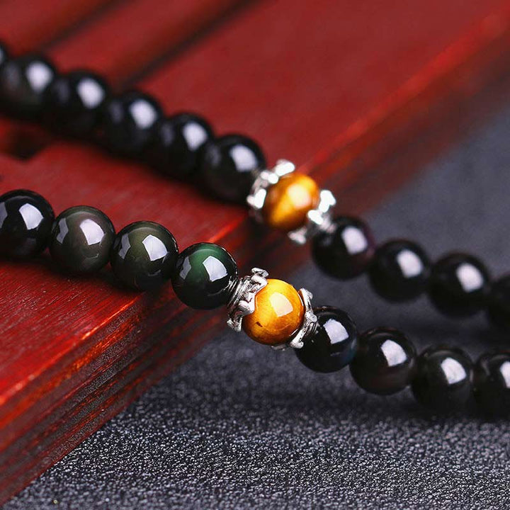 Chinese Zodiac 108 Beads Black Obsidian Tiger Eye Fortune Mala Bracelet