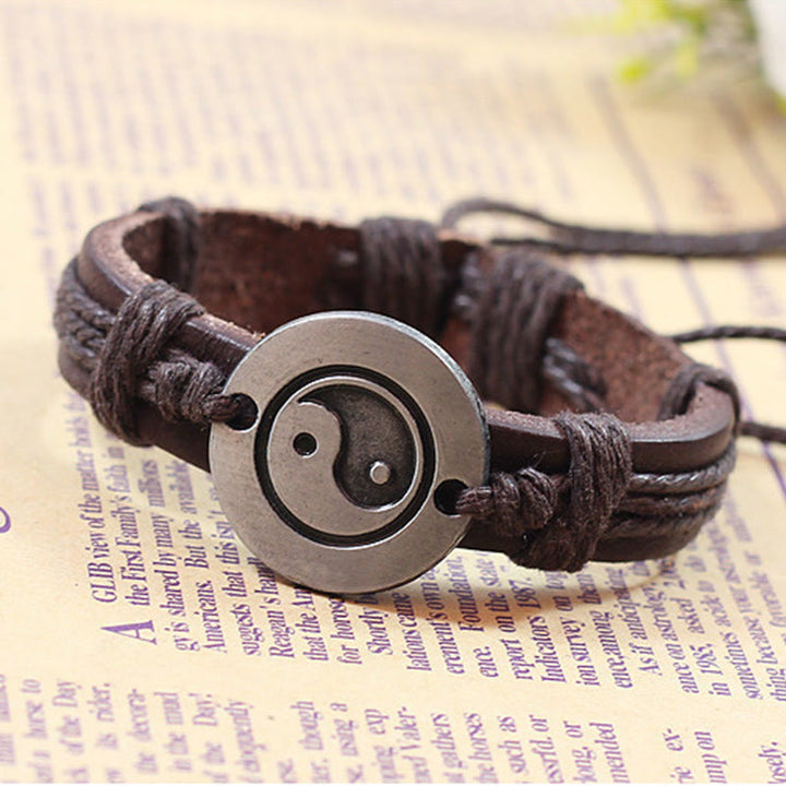 Buddha Stones Retro Yin Yang Leather Harmony String Bracelet