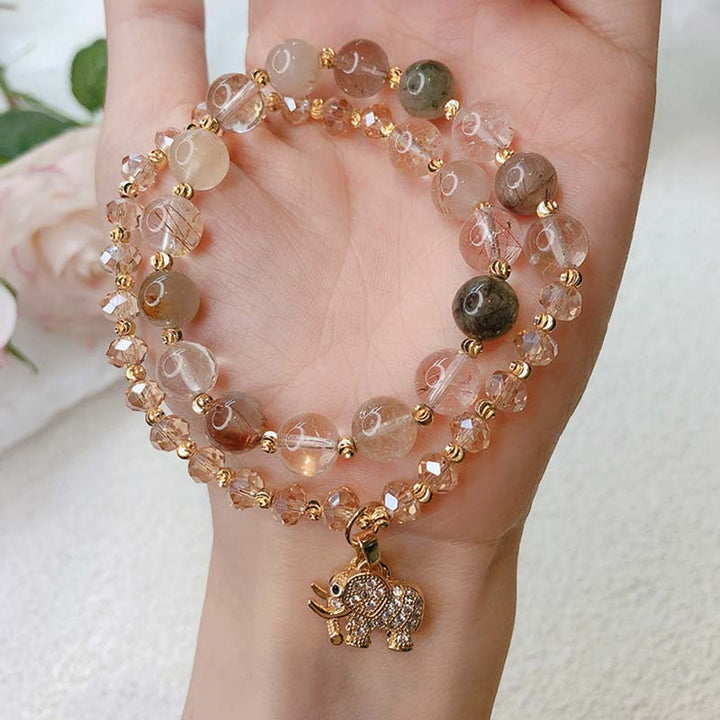 Buddha Stones Rose Quartz Elephant Healing Energy Charm Bracelet