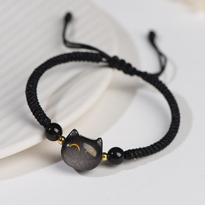 Buddha Stones Handmade Natural Silver Sheen Obsidian Strawberry Quartz Cute Cat Protection Braided Bracelet