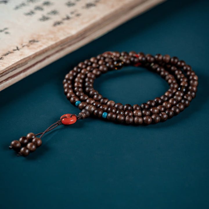 Buddha Stones 108 Mala Beads Kalimantan Agarwood Laughing Buddha Peace Buckle Red Agate Jade Strength Bracelet