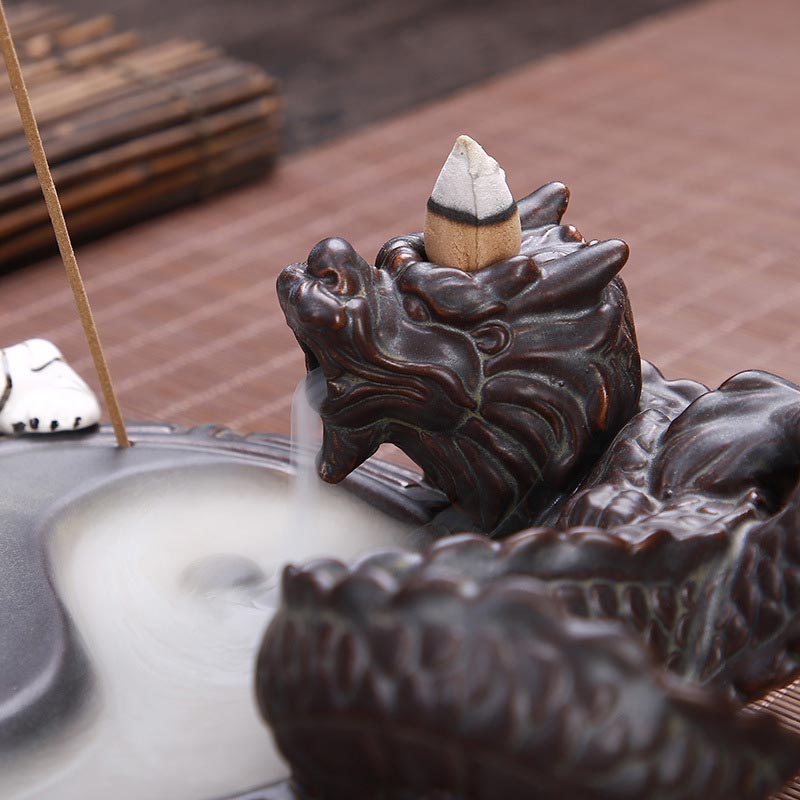 Tiger Dragon Backflow Smoke Fountain Ceramic Yin Yang Blessing Incense Burner Decoration