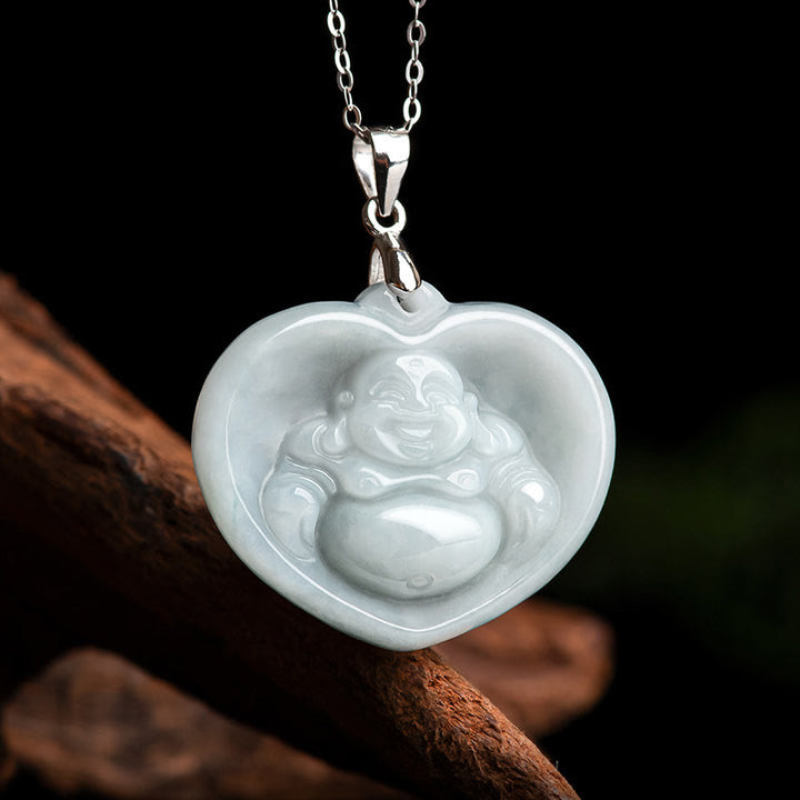 Buddha Stones 925 Sterling Silver Laughing Buddha White Jade Luck Blessing Necklace Pendant