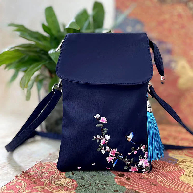 Waterproof Handmade Embroidered Lotus Flowers Crossbody Bag Shoulder Bag Cellphone Bag