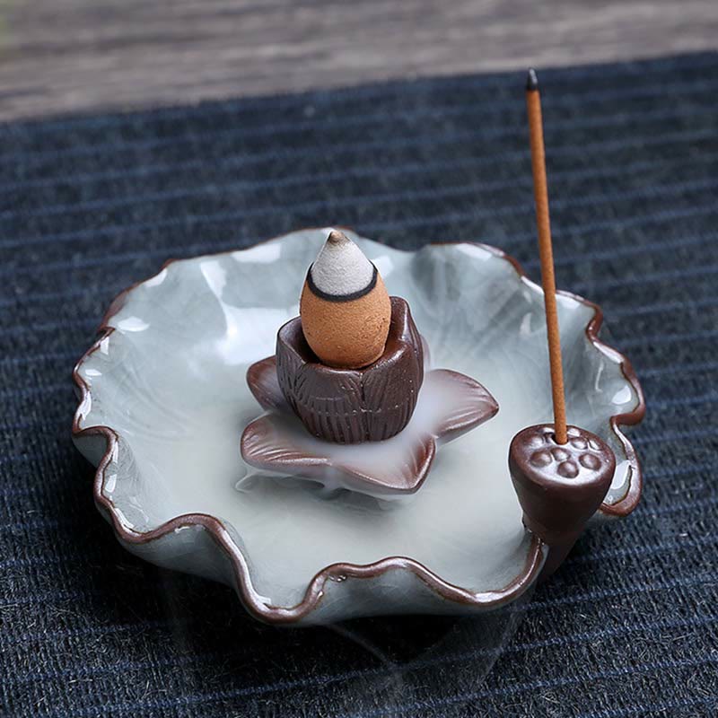 Lotus Plum Blossom Square Ceramic Spiritual Backflow Incense Burner